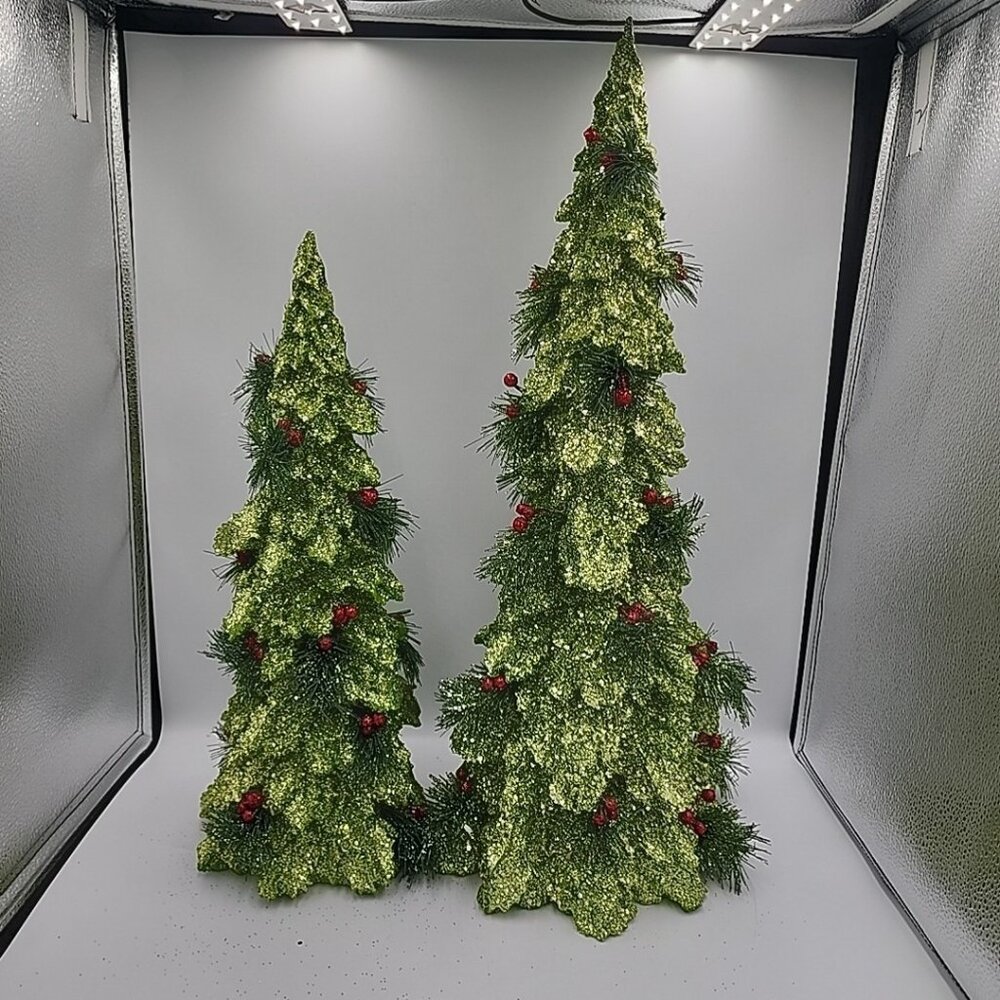 Neiman Marcus Set Of 2 Green Resign Glitter Tree 22" 18"